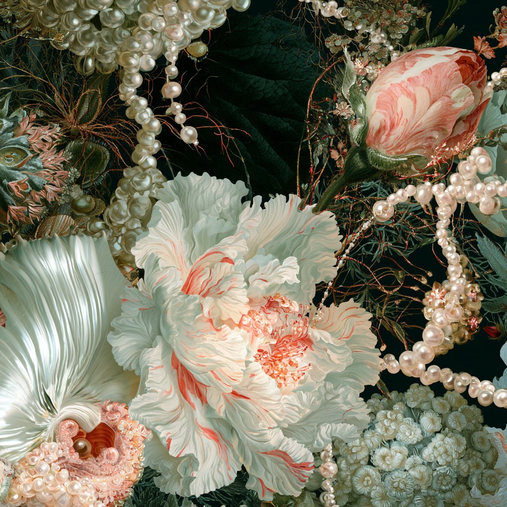 Alice in Wonderland botanical, pearls and florals