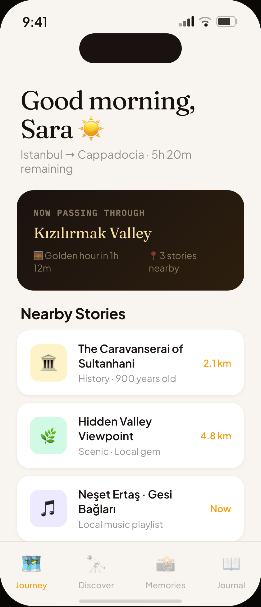 Journey Home — active route with nearby story cards
