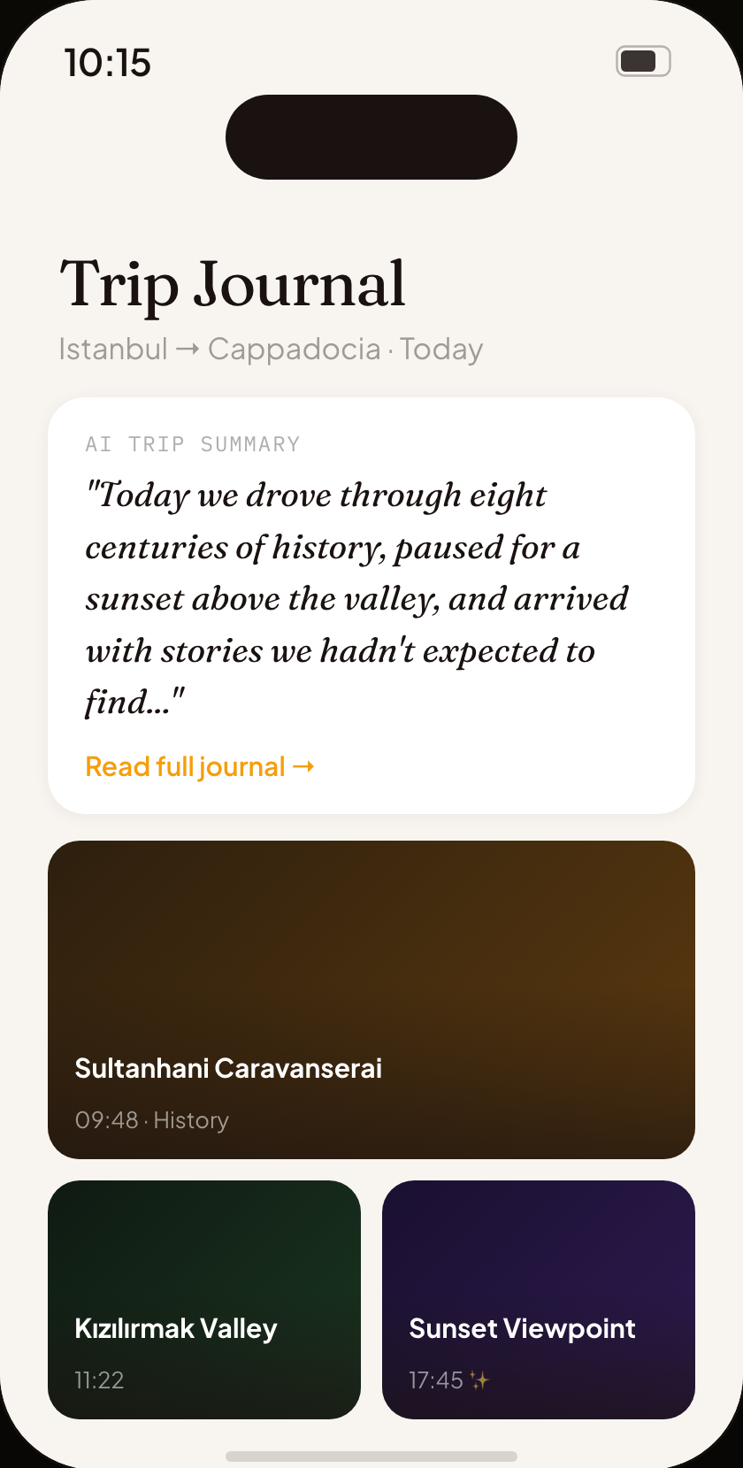 Memory Journal — AI-generated trip journal with saved moments