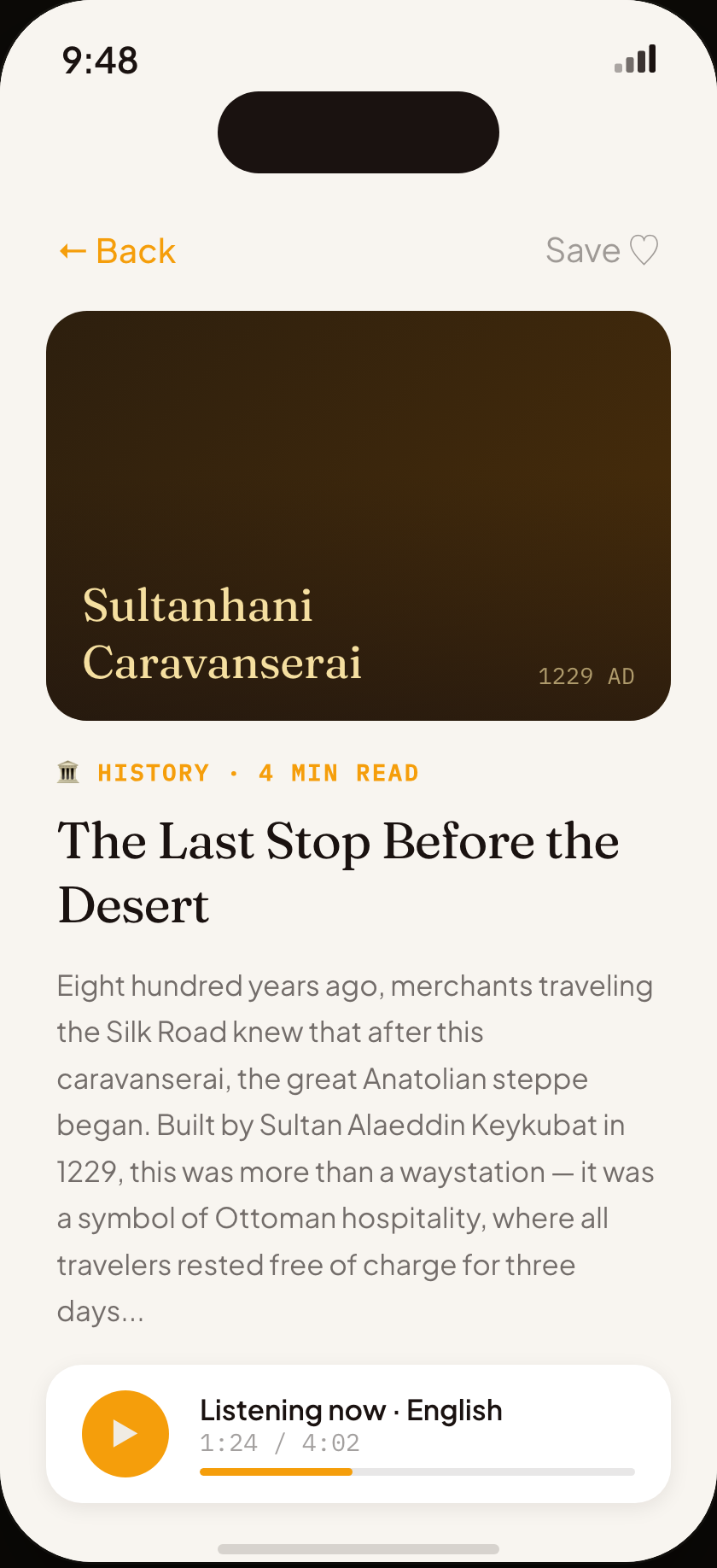 Story Detail — full-screen story with AI narrative and audio player